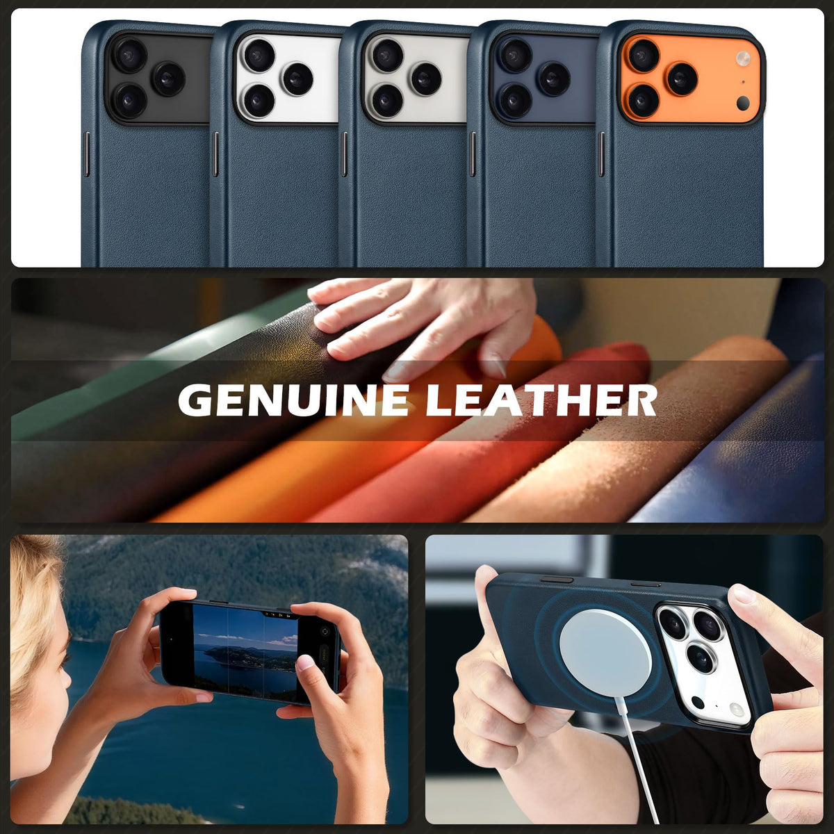 SHIELDON Genuine Leather Case for iPhone 17 Pro Max 6.9" 2025, [Camera Button Updated], Compatible with Magsafe, Magnetic Wireless Charging, Slim Fit, Non-Slip, Anti-Scratch, Shockproof - Navy Blue