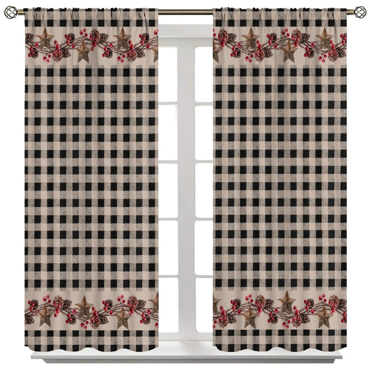 Nanacur Rustic Farmhouse Curtains, Vintage Country Black White Buffalo Plaid Pine Cone Berry Western Texas Print Window Treatments for Kitchen Bedroom Cafe, 42" W X 45" L