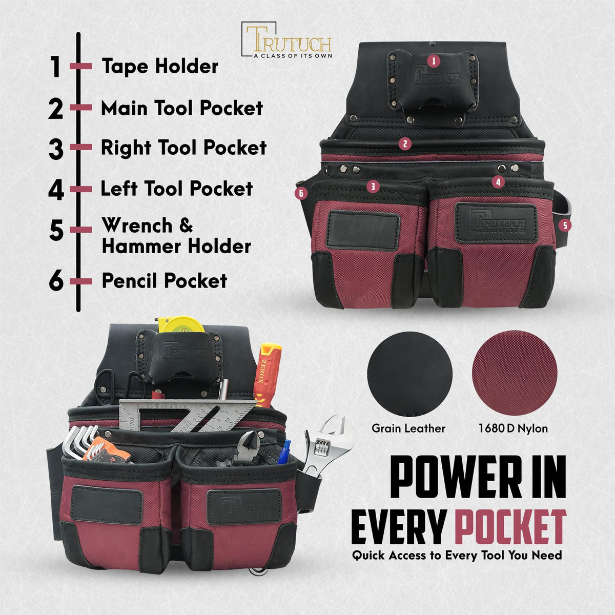 TRUTUCH Nylon and Leather Tool Belt | Framing Tool Bags | Nylon Tool Pouch | Carpenter Tool Belts | Construction | Framers | Electrician Tool Belt (Maroon 1650)