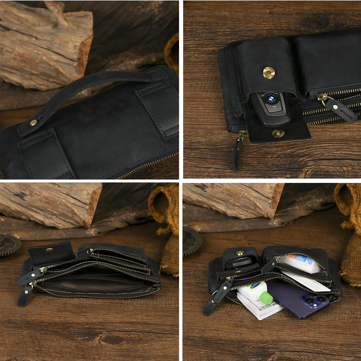 Handadsume Water Resistant Canvas + Leather Hiking Riding Travel Fanny Waist Pack Small Phone Pouch For Men Women FB811-29 (100% Leather-Thick Black)