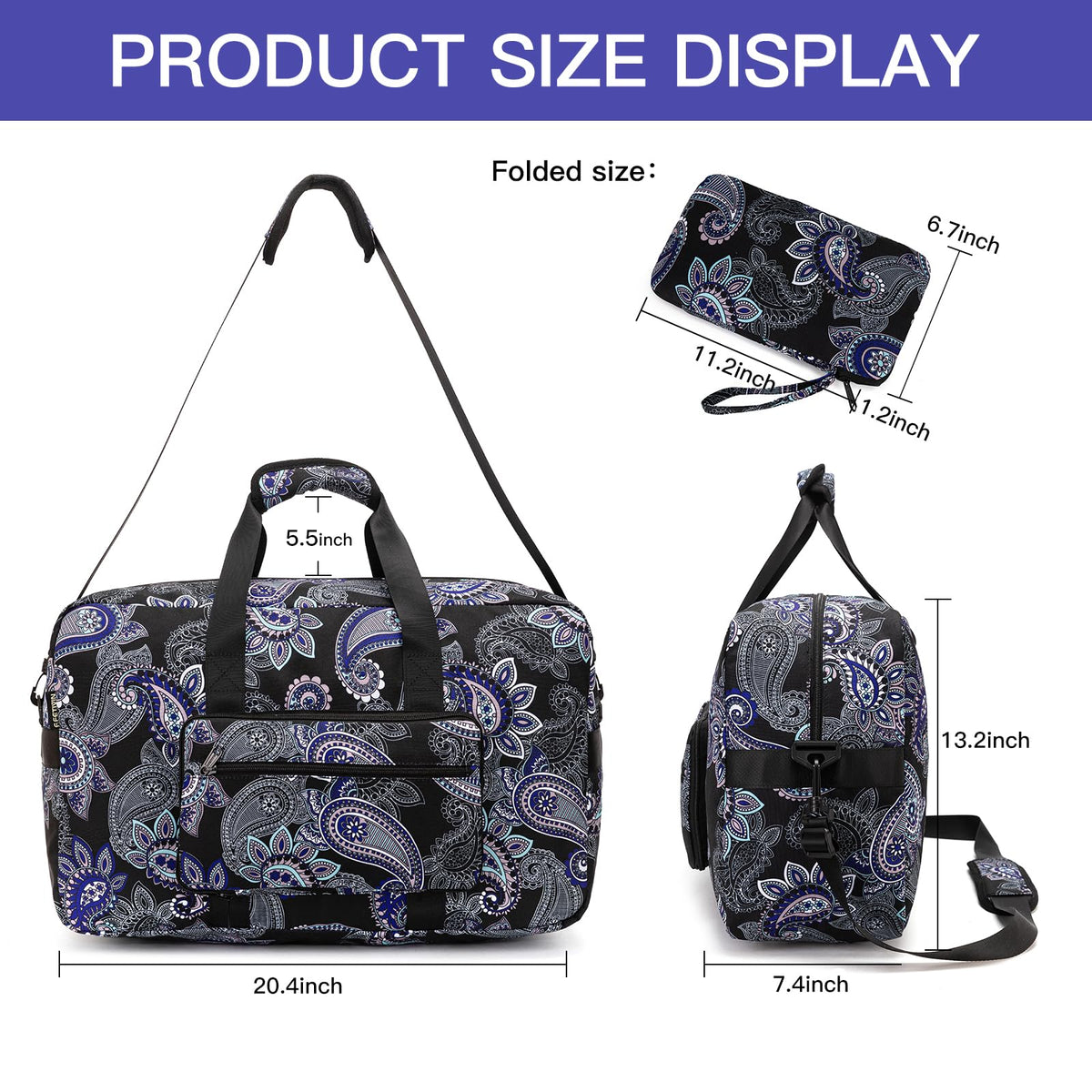 F.FETIVIN Weekender Bag Carry On Travel Duffle Bag Medium Overnight Bag for Women(Black Paisley)