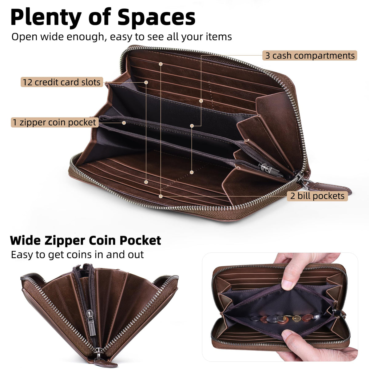 VISOUL Leather Long Zipper Pouch Wallet for Men and Women with RFID Blocking, Large Clutch Cash Long Wallet with Zipper (Brown)