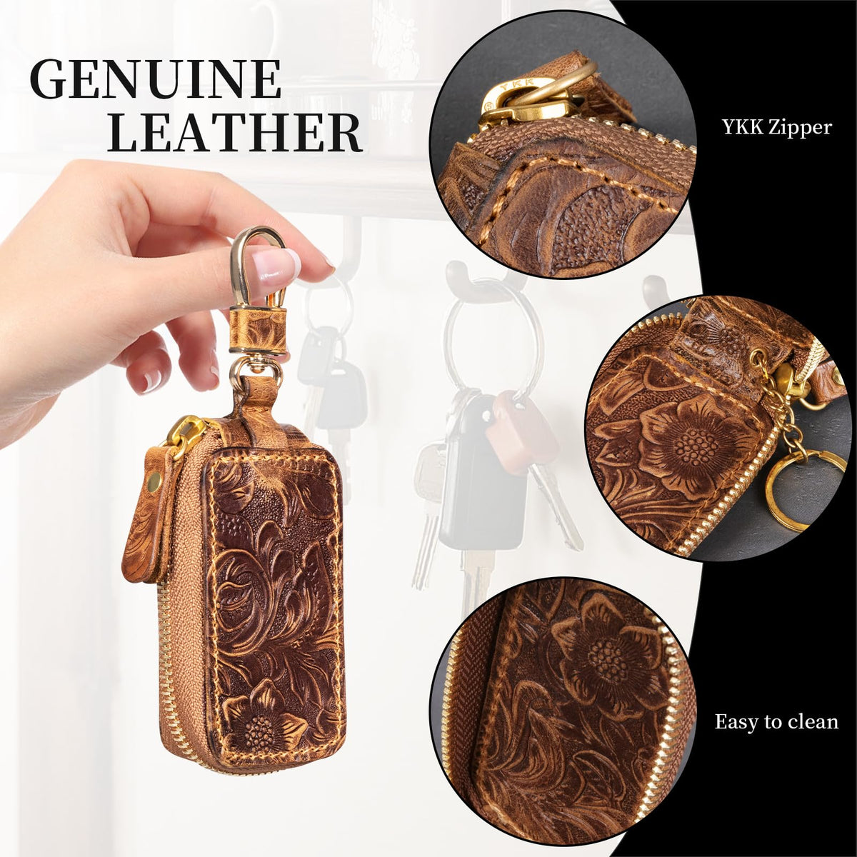 Gexmil Genuine Leather Zipper Car Key Case, Full Grain Leather, Pure Brass Hardware, Hand-Made Universal Car Key Holder, Mini Coin Bag for Women Men,Floral Brown