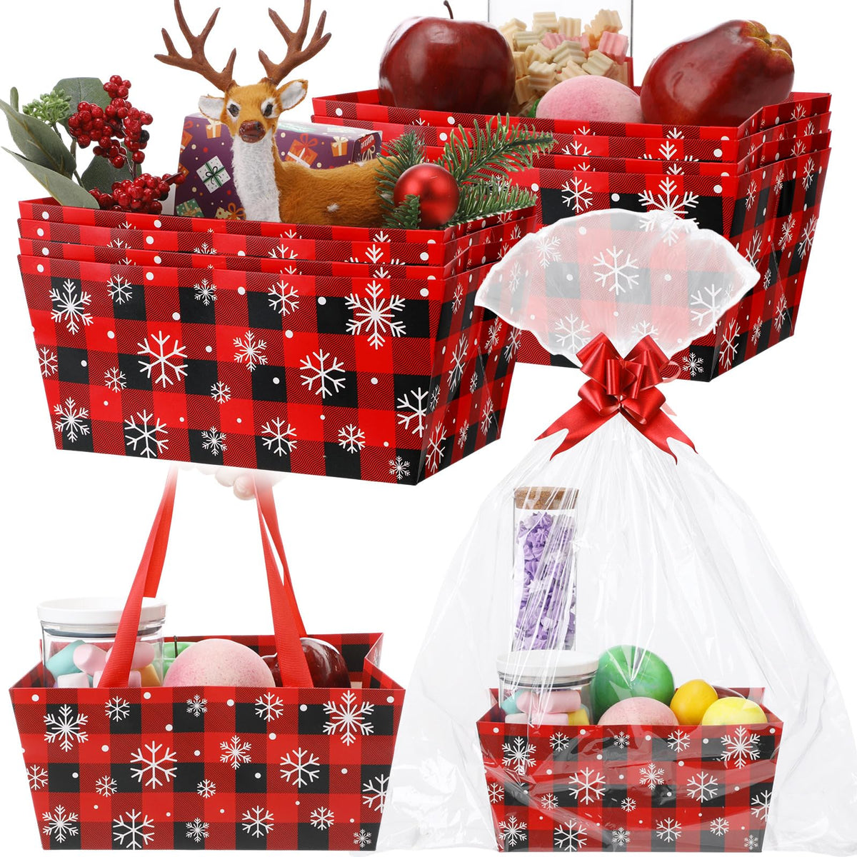 Moinchore 12 Pcs Christmas Snowflake Basket for Gifts Empty 9.8 x 6.5'' Red Black Plaid Cardboard Gift Basket with Bows, Plastic Bags, Twist Ties, Empty to Fill for Holiday Birthday Winter Xmas Party