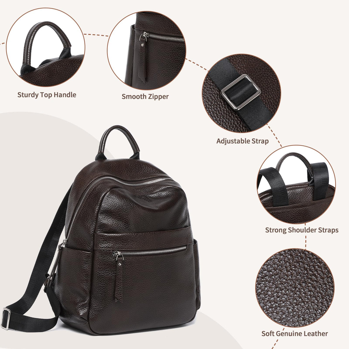 UEIRY Genuine Leather Backpack for Women Fashion Designer Shoulder Bags Soft Leather Backpack, Stylish Daypack for Work Travel School, Coffee