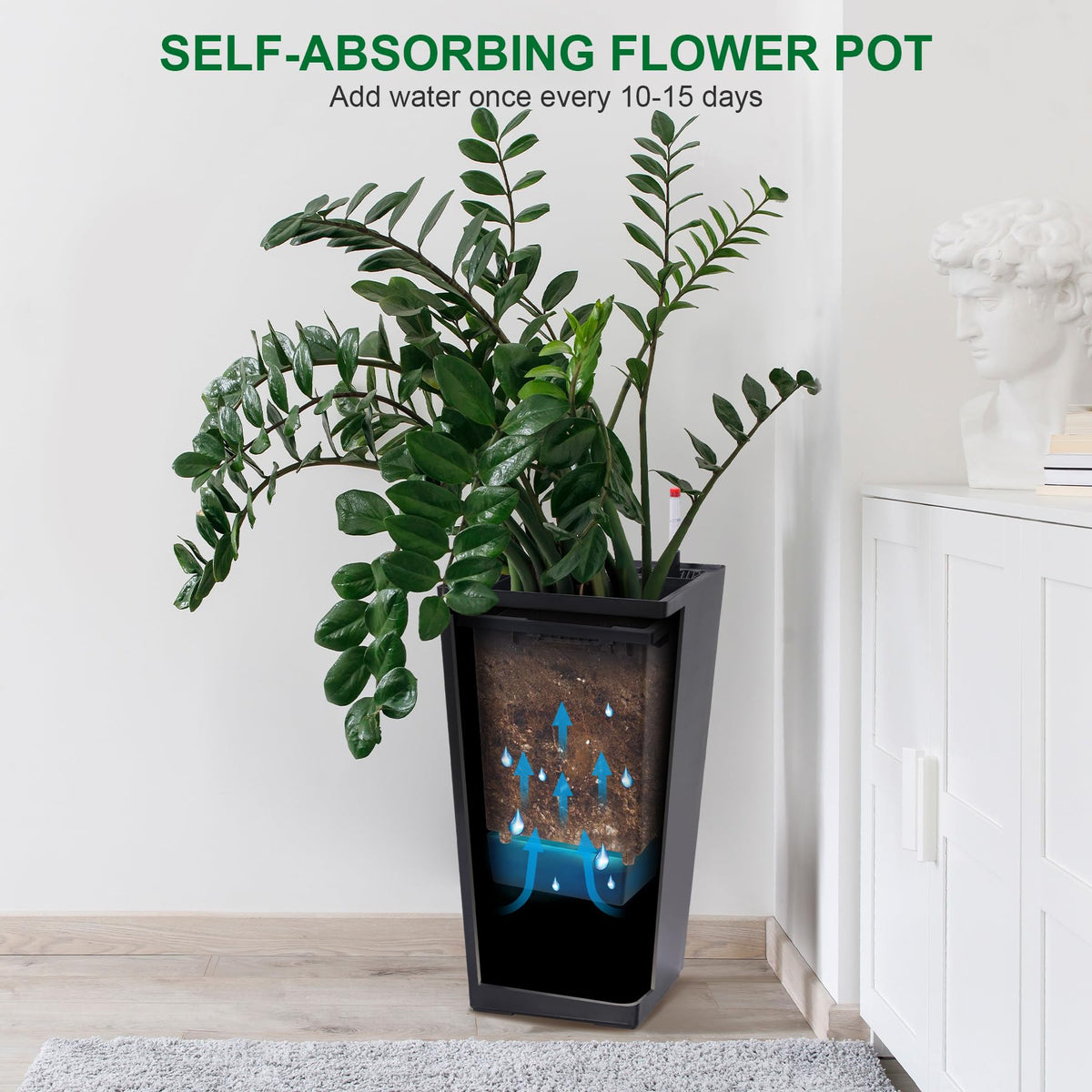 ExploreHorizon 22.5" Tall Planters Set of 2, Outdoor & Indoor Planter Pots for Front Porch and Patio, Automatic Watering Garden Planters with Water Level Monitor, Inner Bucket & Drainage Holes，Black