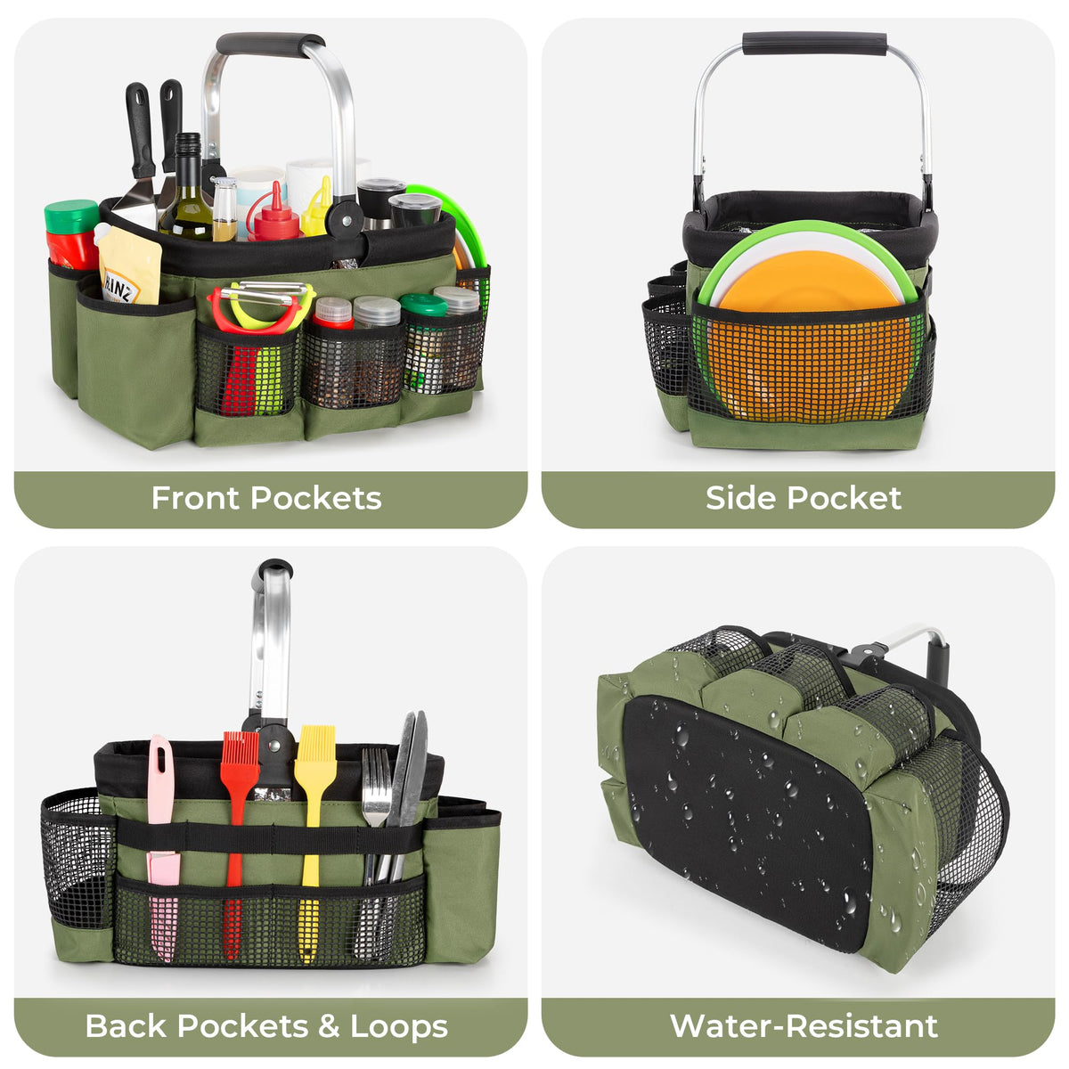PGmoon Grill and Picnic Caddy, Foldable BBQ Tool Caddy with Rotated Handle, Multi-Pocket Grill Utensil Storage Bag for Outdoor Camping Picnic Patio Barbecue Accessories, Green