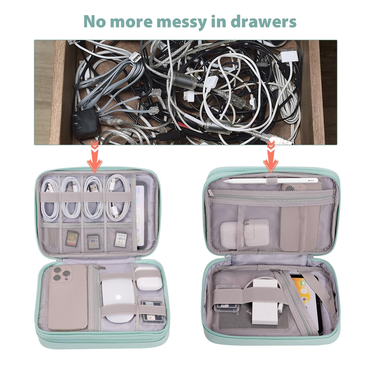 Bevegekos Tablet Accessories Case Bag, Travel Large Electronics Organizer for Chargers & Cords, Cables, 7.9 Inch Tablet, Airplane Essentials, 2 Layers (Mint Green)