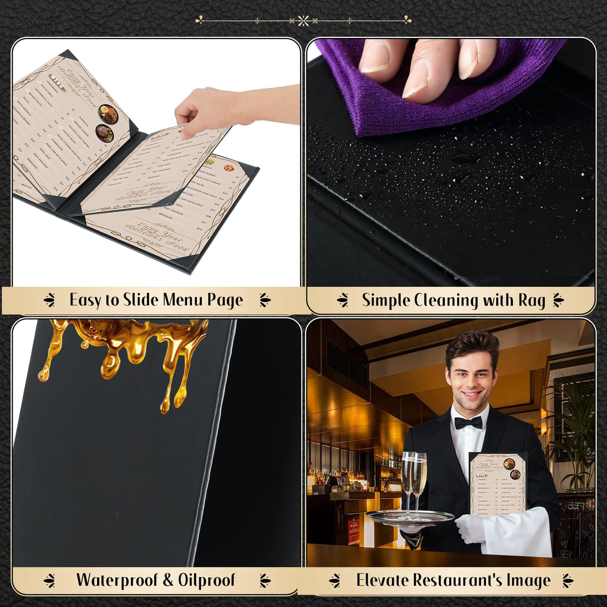 FLKQC Restaurant Menu Covers Holders 8.5 X 11, 5 Pack Synthetic Leather Menu Holder Covers Book Style with Angled Corners Black for Wine List, Certificate Organizer Diploma Holder (4 Page 6 View)
