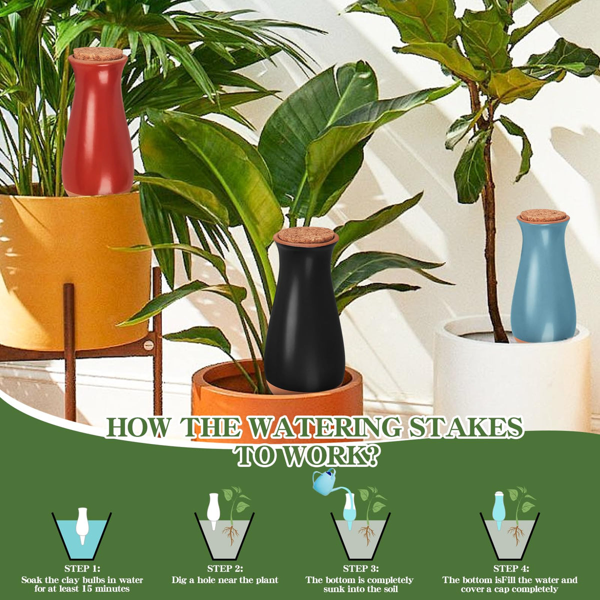 4 Pack Terracotta Plant Watering Globes, 12Oz Ollas Self Watering Pots for Indoor Outdoor Plants, Automatic Plant Drip Irrigation Device, Clay Planter Insert, Up to 1 Week, for Vacations Potted Plant