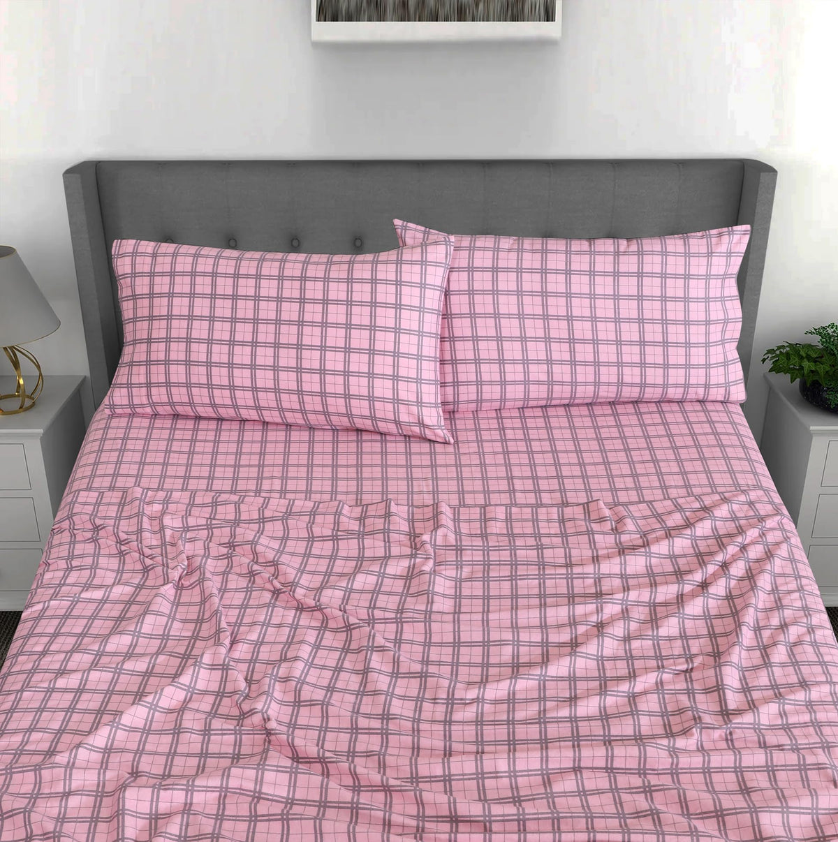 RUVANTI Flannel Sheets Queen Size - 100% Cotton Double Brushed Bed Sheets, Deep Pockets 16 Inches Queen Sheet Set, All Seasons Breathable & Extra Soft - Warm & Cozy, 4 Piece, Check & Bolt Pink