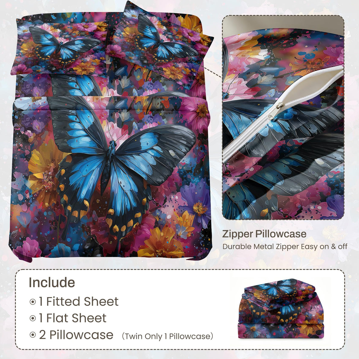 Blue Butterfly Queen Sheet Set Girls Floral Flat Fitted Sheet Sets