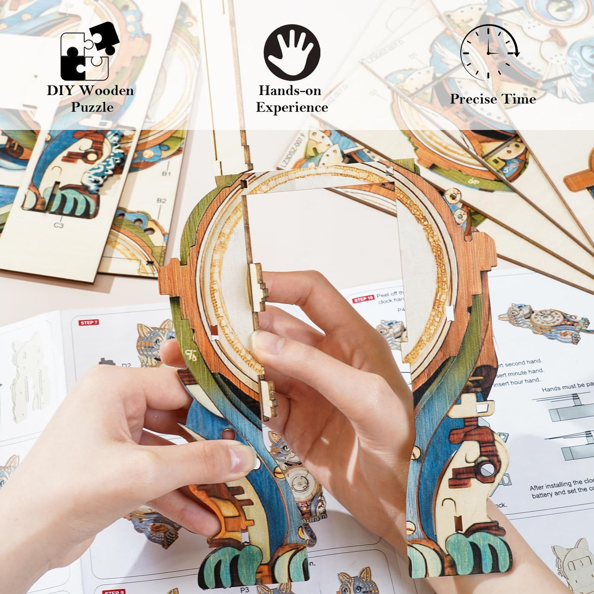 3D Wooden Puzzles for Adults Cat Clock - Model Building Kit Clock Puzzle Creative Craft Gift Home Deco for DIY Enthusiasts, Brain Teaser Building Set Birthday Gifts