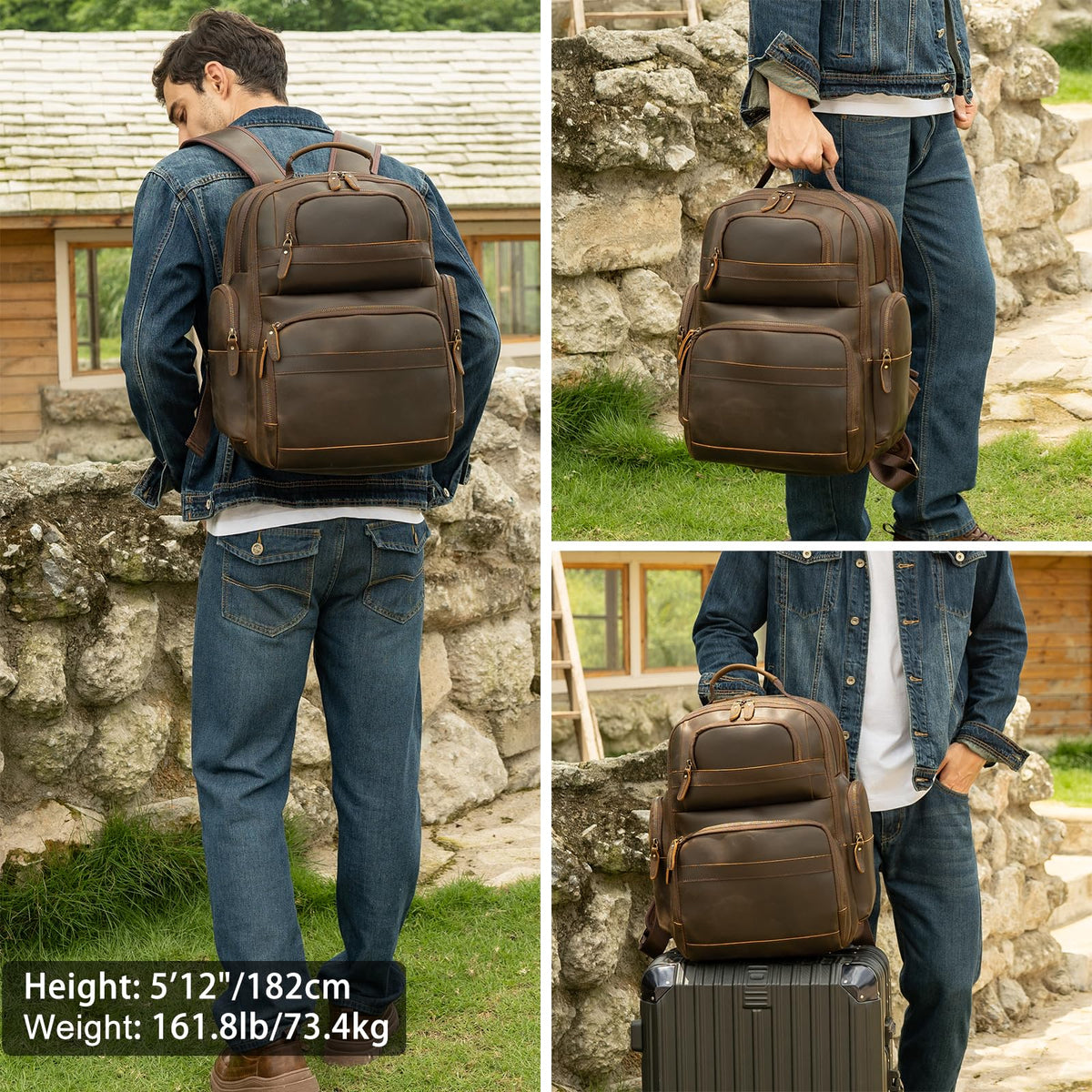 TIDING Full Grain Leather Backpack for Men 15.6 Inch Laptop Bag Large Capacity Business Travel Hiking Shoulder Daypacks