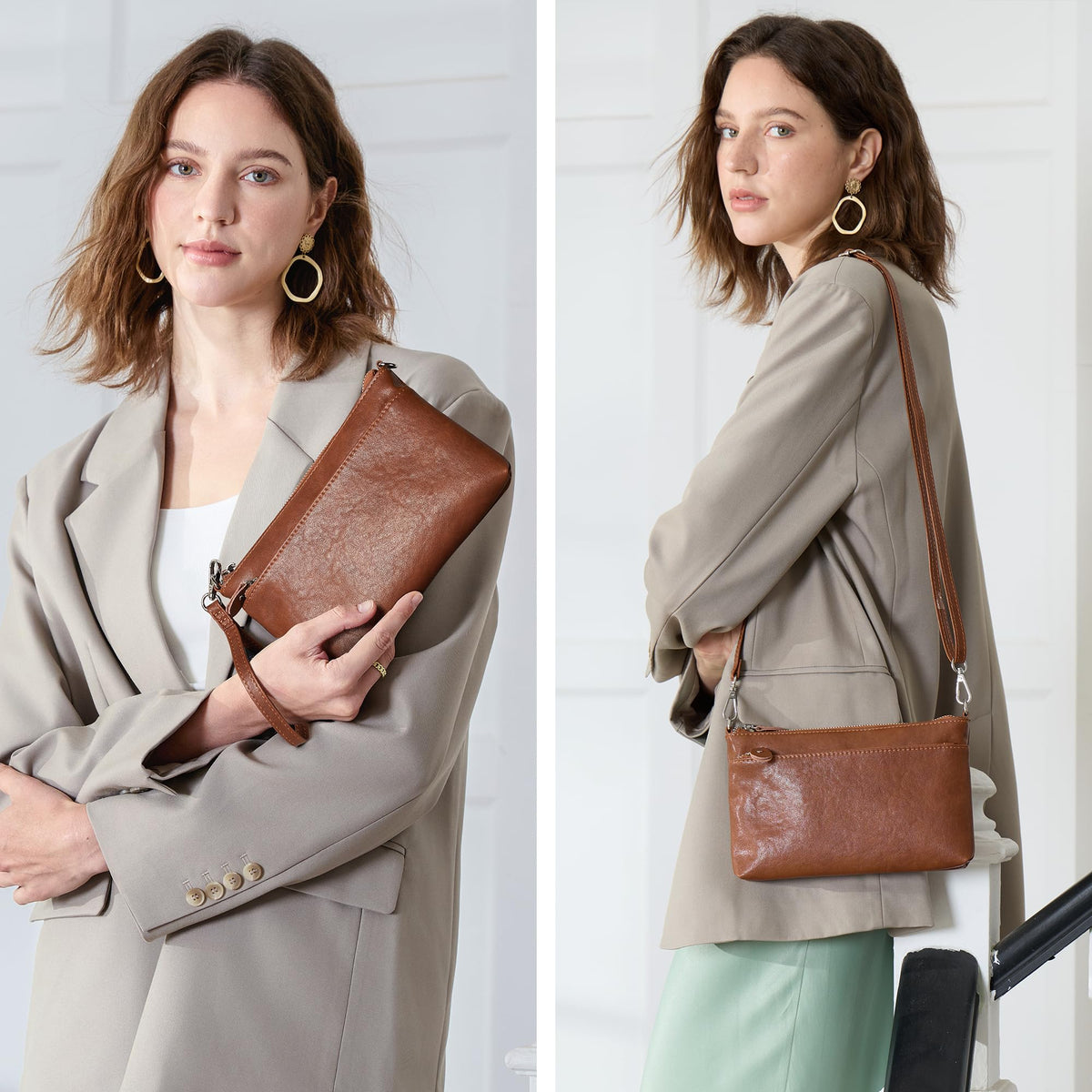 befen Leather Wristlet Wallets for Women, RFID Blocking Small Crossbody Bags, Women Leather Purses Handbags Shoulder Bag Trendy Clutch Purse with Adjustable Shoulder Strap and Wrist Strap, Brown