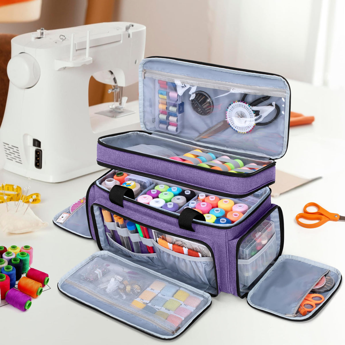 LUXJA Large 2 Layers Sewing Organizer Bag with 5 Detachable Dividers, Sewing Storage Bag for Sewing Supplies, Purple