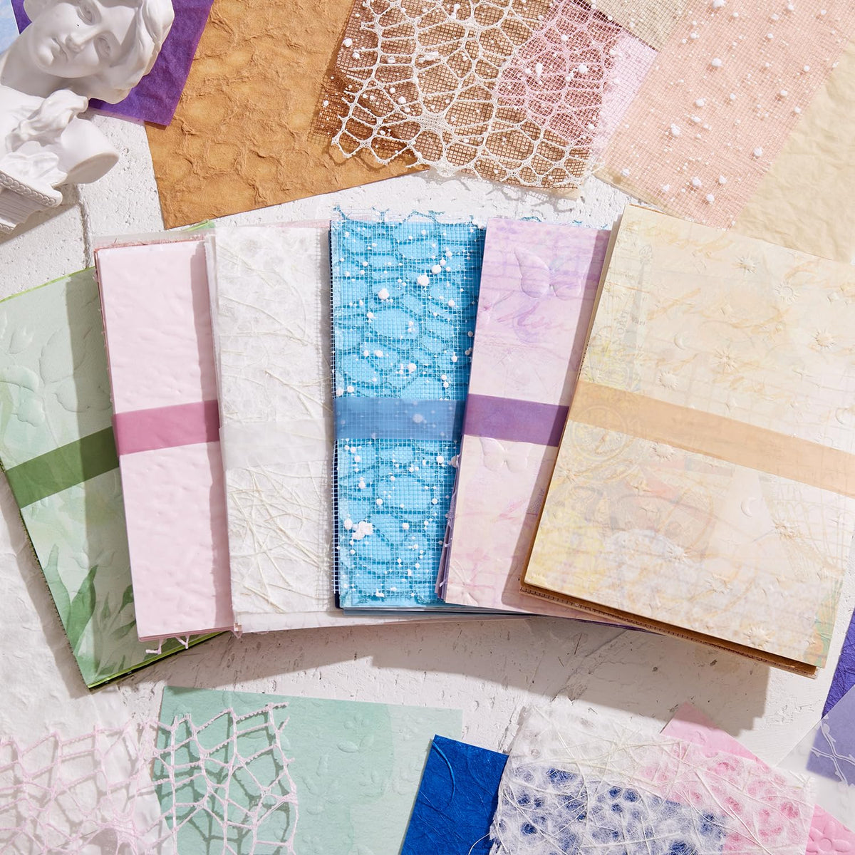 108 Sheets Textured Scrapbook Paper and Mesh Fabric Assorted Set - 6 Pack Mixed Special Paper for Scrapbooking Planner Bullet Junk Journal Supplies Mixed Collage Background 3.9x5.5 Inch