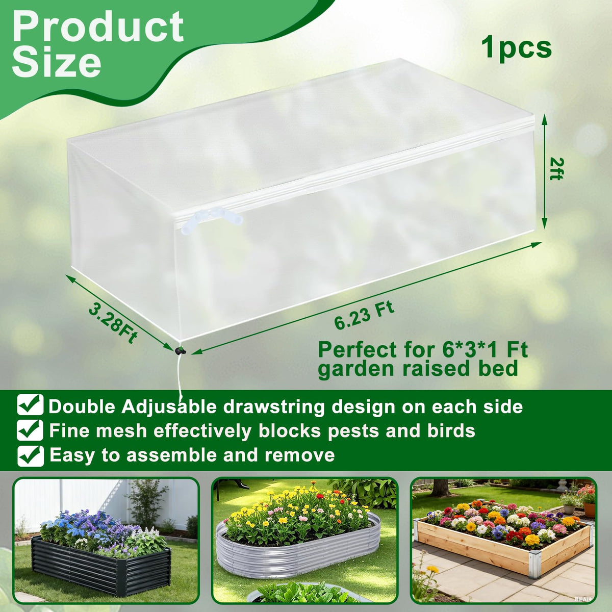 1 Pack Garden Netting for Raised Beds, Fine Mesh Bird Netting Barrier Screen with Zipper Drawstring Garden Bed Plant Cover for Protect Vegetable Fruits Crop from Animals Pest Insect, 6.3×3.3×2Ft