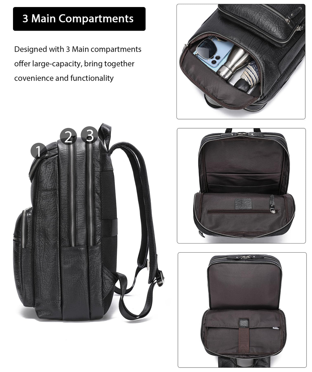 LANNSYNE Full Grain Leather Backpack For Men, 15.6" Leather Laptop Backpack Hiking Travel Bag Camping Rucksack