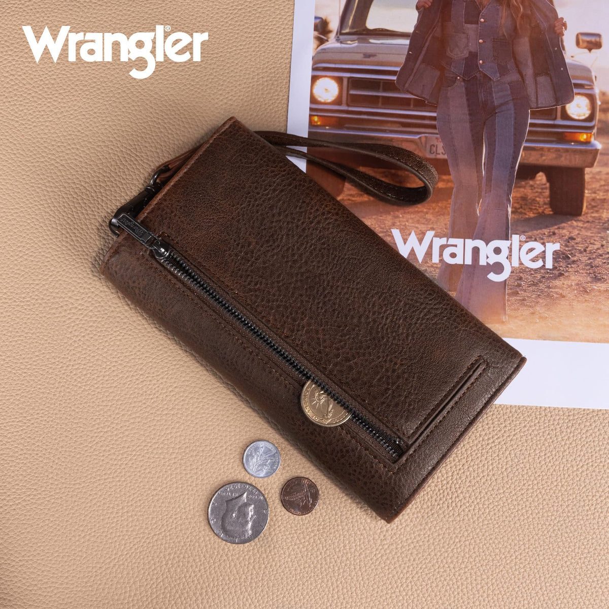 Montana West X Wrangler Women's Wallets Large Wristlet for Woman Ladies Female Trifold Cash Wallet with Wrist Strap and Rfid Lining