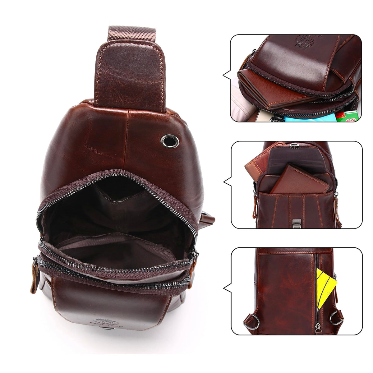 LUKZIJAES Genuine Leather Sling Bag for Men Casual Crossbody Shoulder Chest Pack Daypack Outdoor Travel Hiking Backpack (#10-Coffee)
