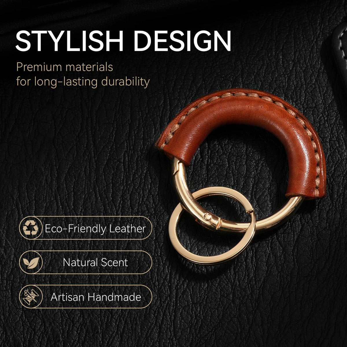 Genuine Leather Keychain - Carabiner Clip Key Fob with 2 Detachable Rings - Car Key Chain Holder for Men & Women