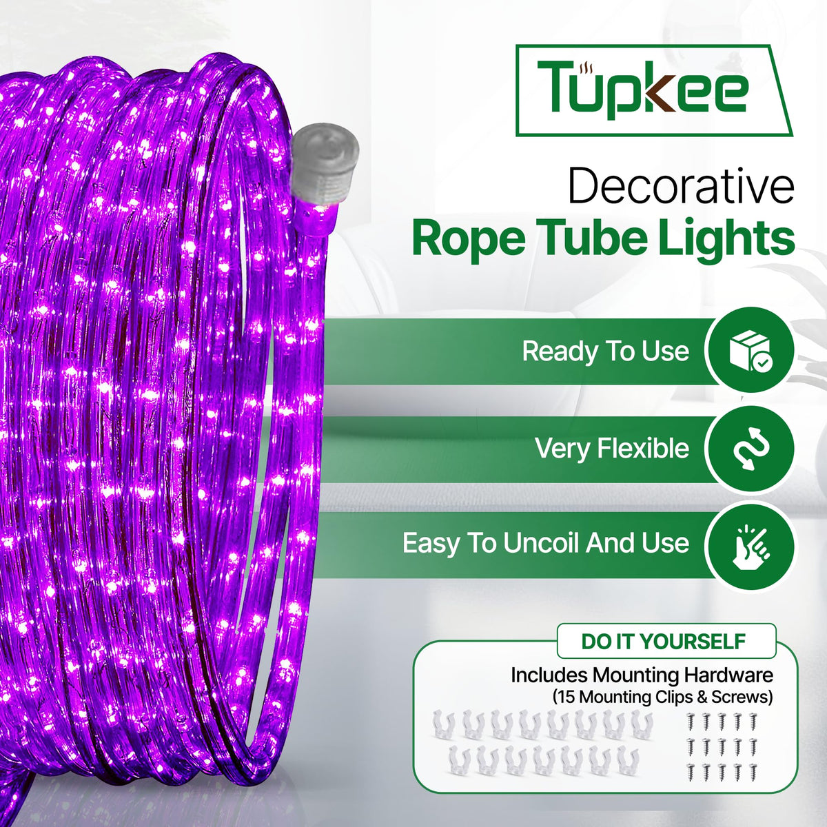 Tupkee LED Rope Light, 24 Feet, 144 Long Life Bulbs, Purple, Indoor/Outdoor, Model E237798