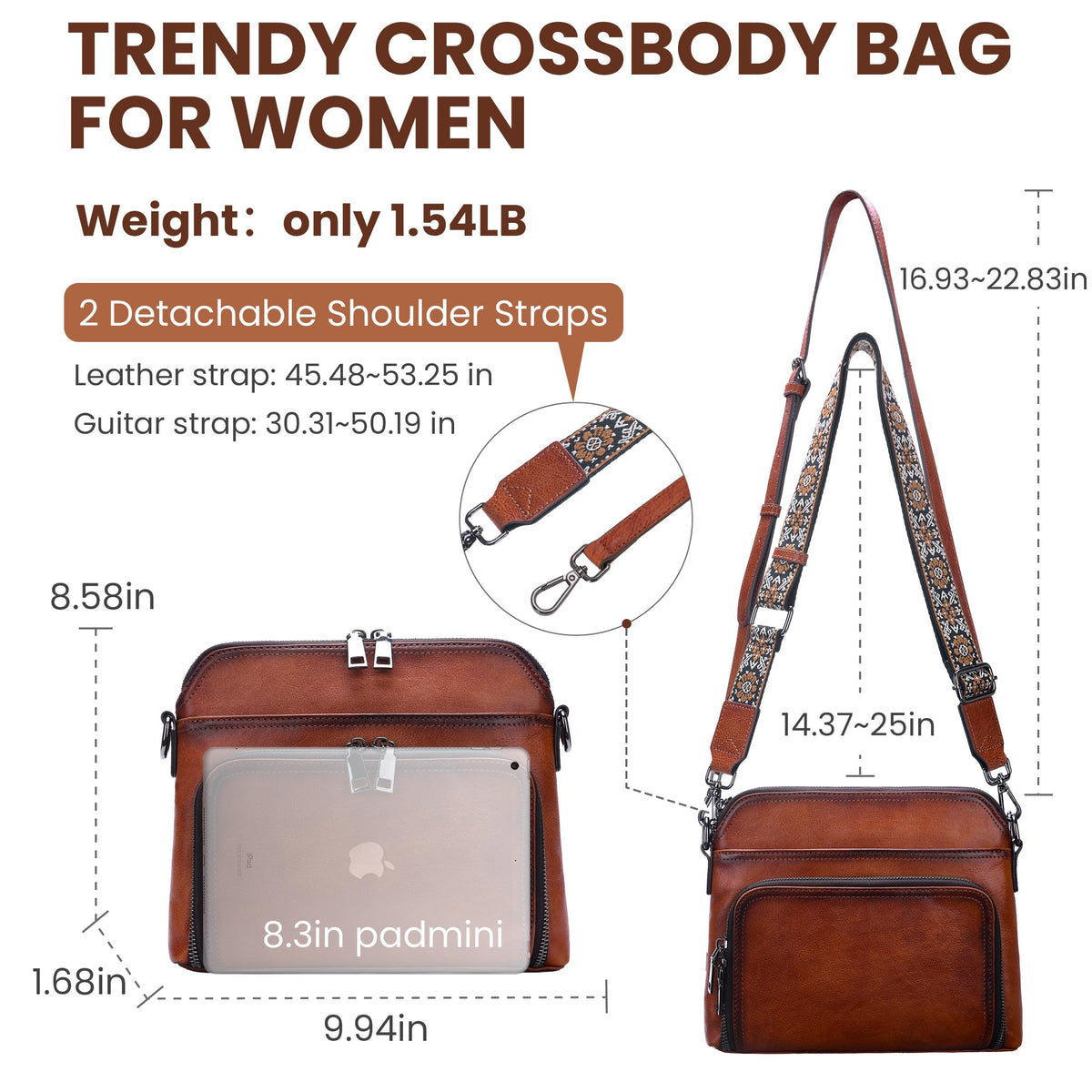 HESHE Genuine Leather Crossbody Bags for Women Satchel Purses Shoulder Handbags with 2 Adjustable Strap Hobo Purse (Brown)