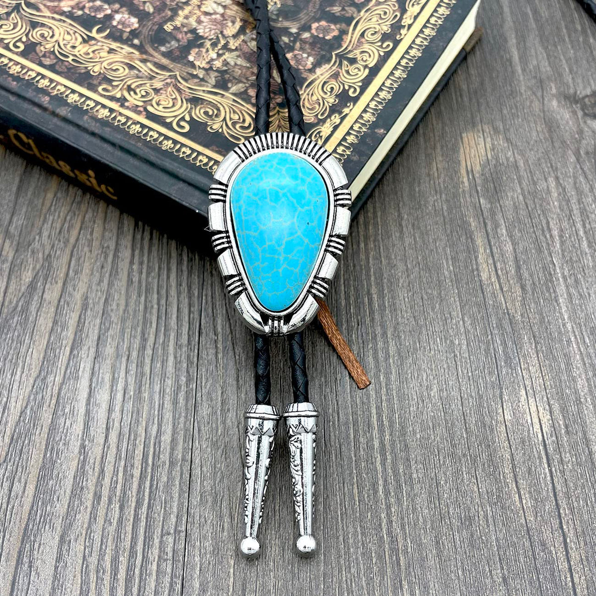 YOQUCOL Droplet Shape Blue Turquoise Stone Bolo Tie Native Western Cowboy Bola Tie Hand-woven Leather Necktie for Men Women