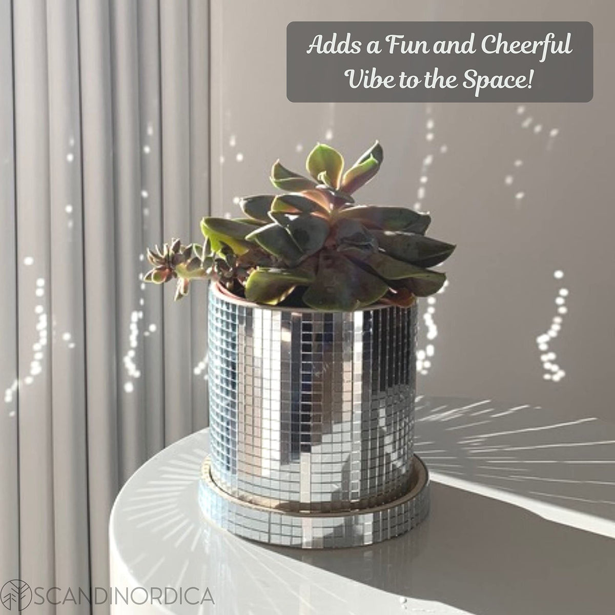 SCANDINORDICA Disco Ball Planter 6" Gold with Chain and Macrame Hanger and Disco Ball Planter Pot 4.3" with Saucer (0.2x0.2 mirror tiles)