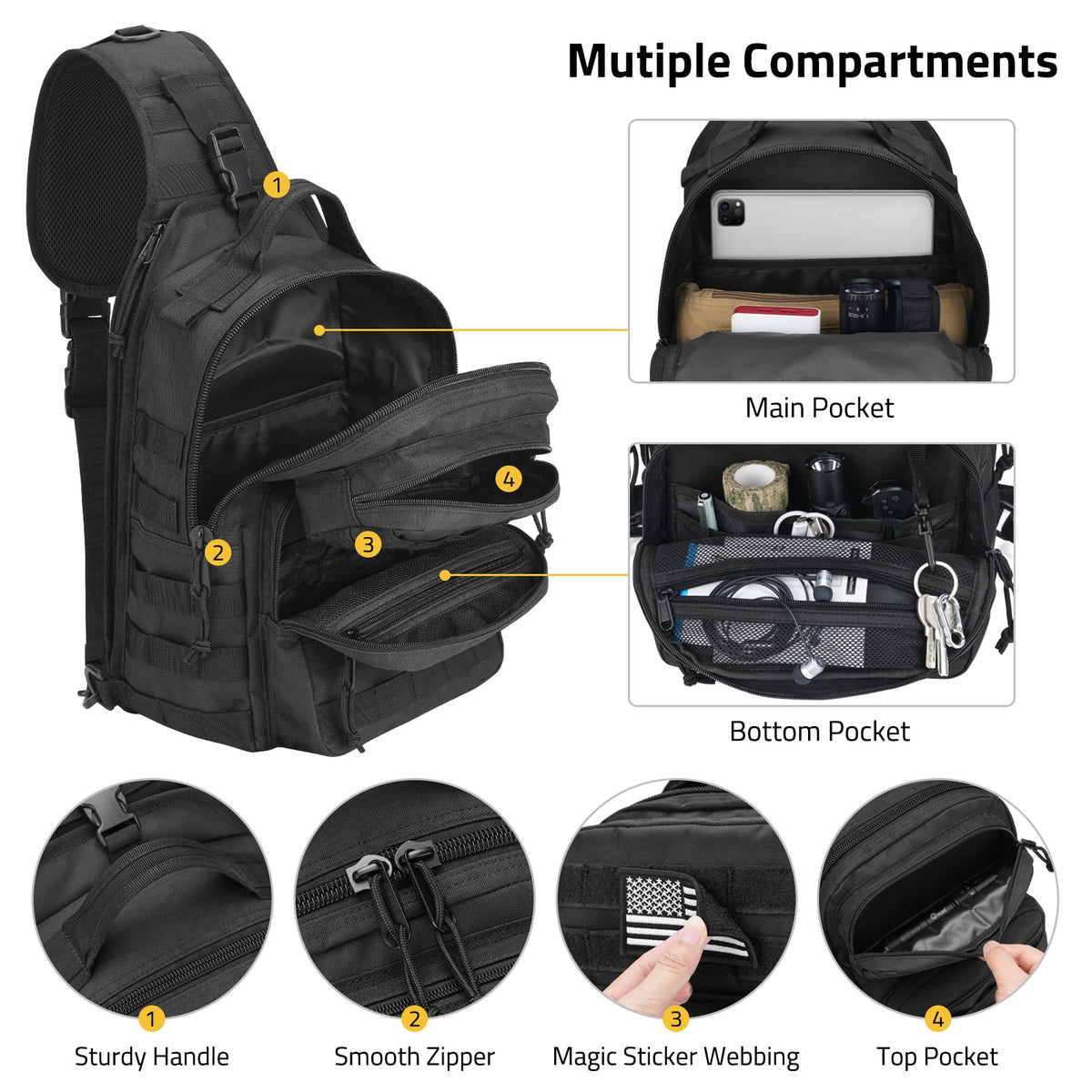 CVLIFE Tactical Sling Bag Backpack for Men Military Shoulder Sling Bag Molle Detachable Tactical Bag with Bottle Holder Hidden Pocket Daily Day Pack Work Bag for EDC Hiking, Black