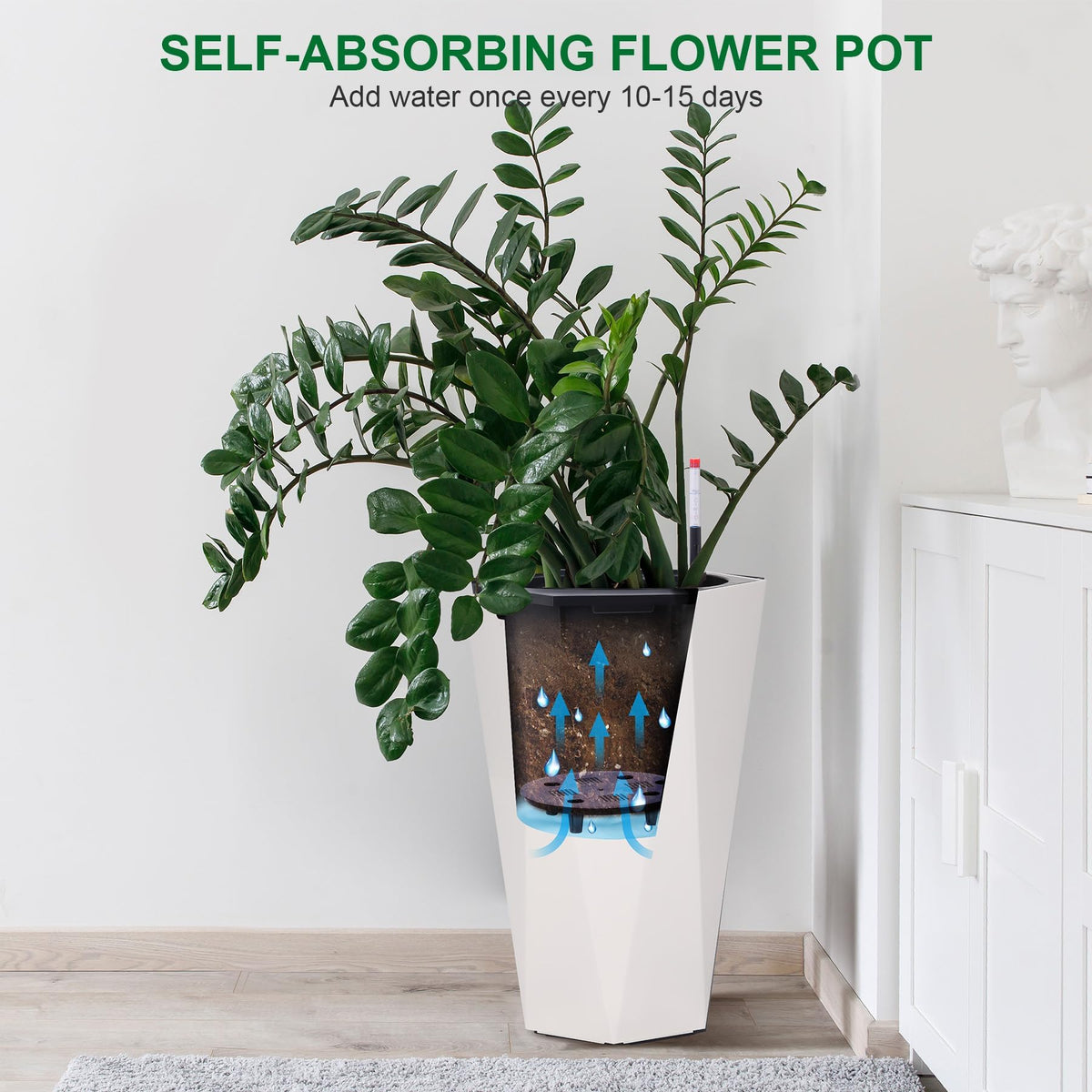 GAOMON 22.5" Tall Planters Set of 2, Self-Watering Diamond Planter Pots with Water Level Monitor and Wheels, Plant Pots Outdoor and Indoor for Room & Office Décor, Garden, Patio, White