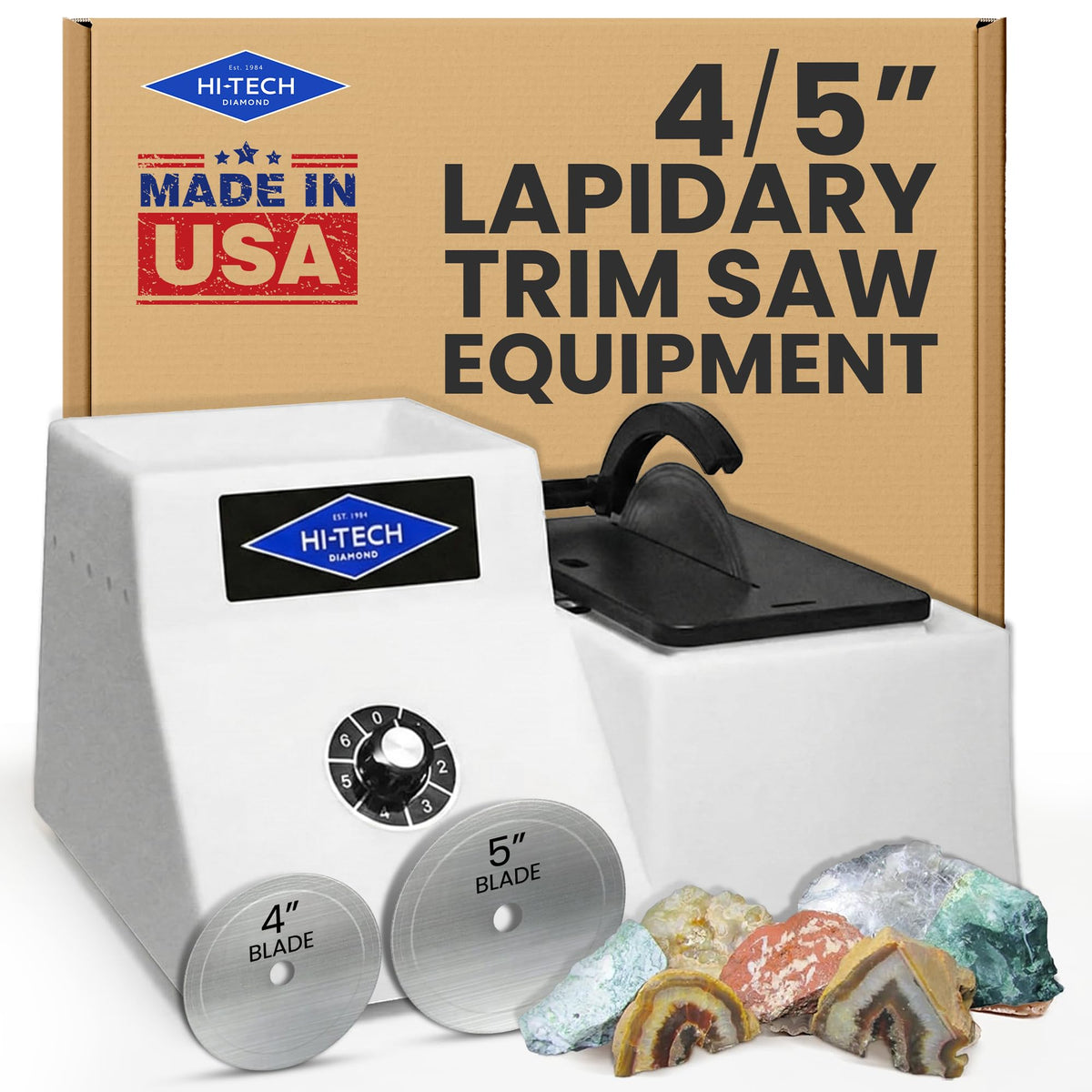 Hi-Tech Diamond 4"/5" Lapidary Trim Saw - Stone Cutter Equipment, Glass Cutter, Diamond Blades Included, Rock Polisher & Cutting Tool Set for Gems, Minerals, Stones and Crystals – 4/5 Inch, 115V Only