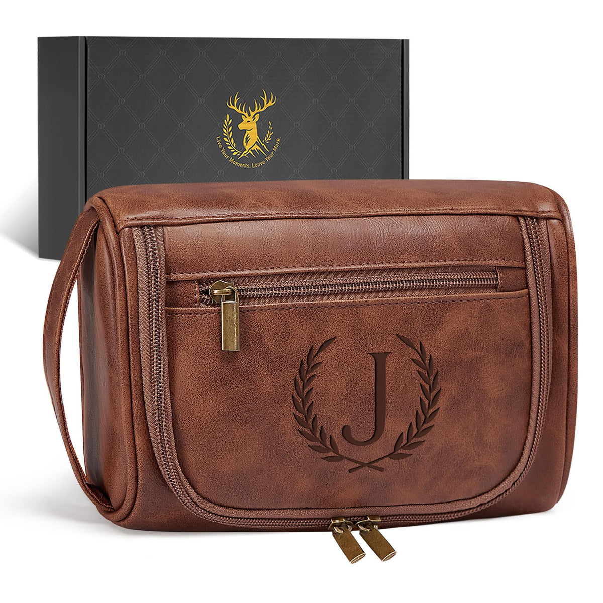 Aganmi Personalized Toiletry Bag Fathers Day Birthday Gifts for Men Dad Husband, Laser-Engraved Initial Waterproof PU Leather Toiletry Organizer Dopp Kit Shaving Bag Travel Essential Reddish Brown J