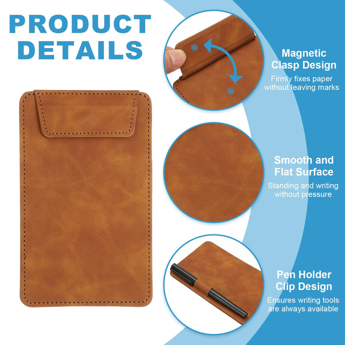 uxcell 2 Pack Mini Clipboard, 6" x 4" Leather Small Clipboard with Pen Holder, A7 Size Magnetic Writing Clip Boards for Business, Office,Restaurant and Hotel (Brown)