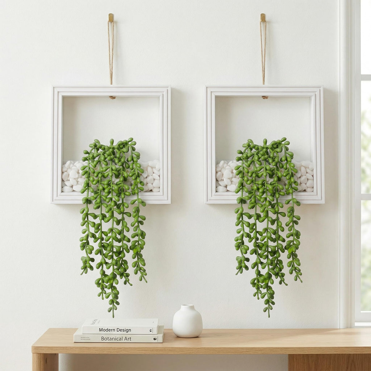 FancyPlus 2 Pack Fake Plants Hanging, Artificial Succulents Plants in Square Wooden Frame with LED Lights, Boho Wall Decor for Office Living Room Bathroom Bedroom Kitchen Indoor Outdoor, White