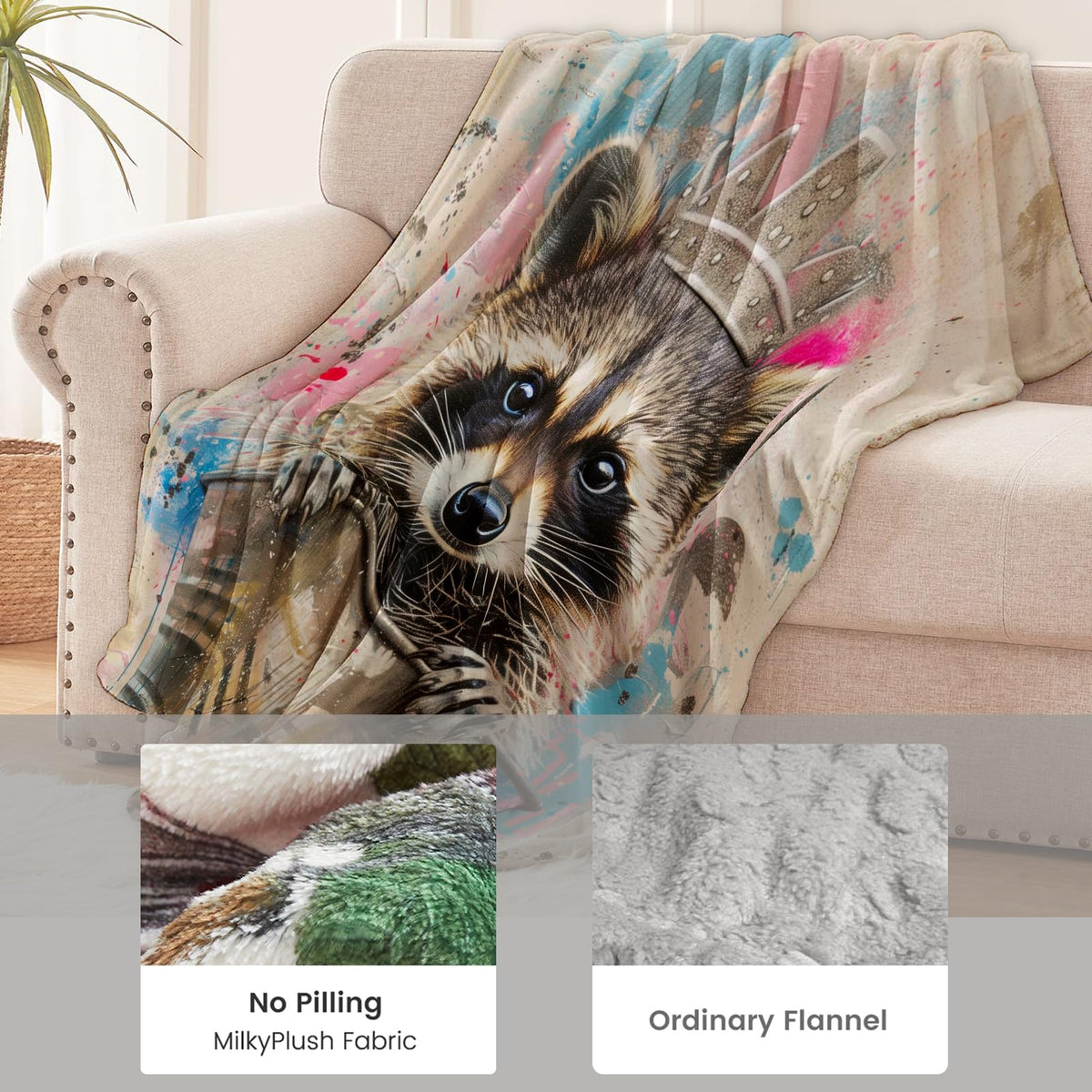 cromcu Raccoon Blanket for Kids and Adults, Adorable Graffiti Wildlife Soft Lightweight Throw for Sofa, Bed, Traveling, Camping Animal Decor Gifts, Single-Sided Printing, 50x60 Inches