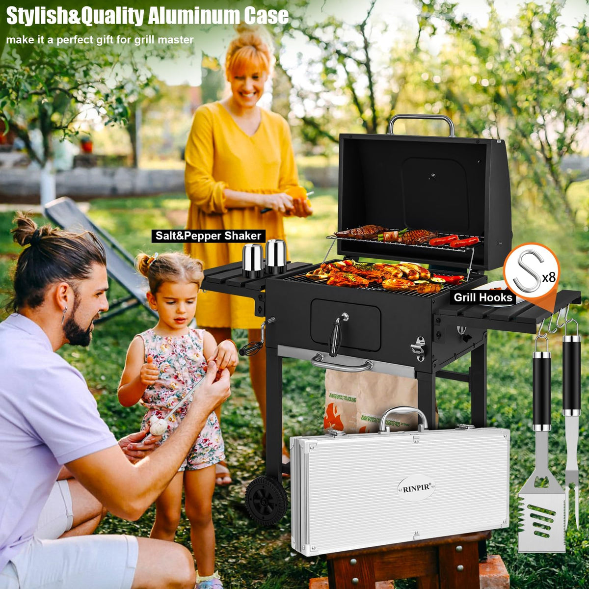 RINPIR 35pcs Deluxe Grilling Gifts Set for Birthday Fathers Day, Stainless Steel BBQ Accessories Kit for Men Dad, Professional Grill Tools Utensils with Scissors, Meat Claws in Aluminum Case Black