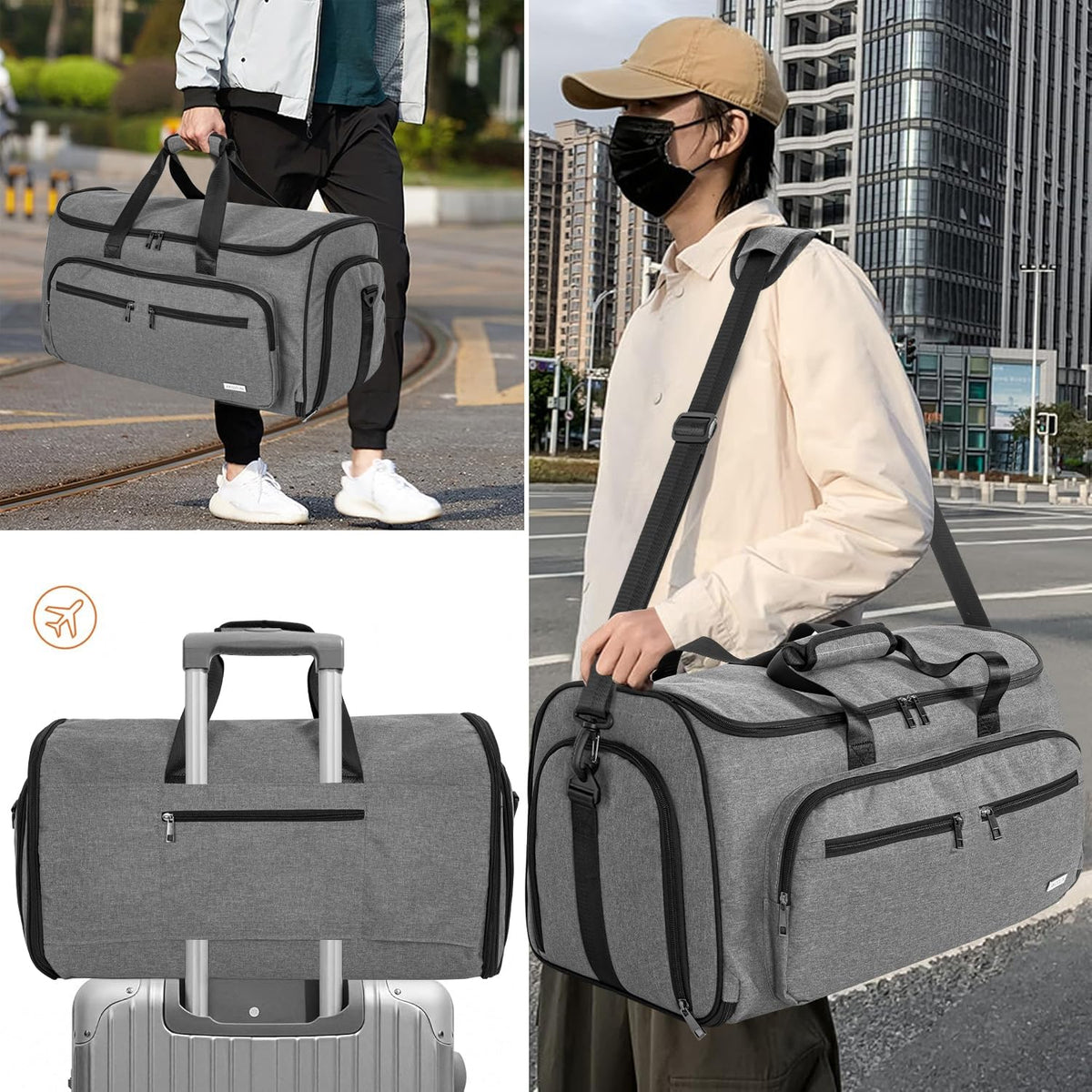 AKOZLIN Convertible Garment Bag for Travel 3 in 1 Carry On Garment Duffle Bag with Shoes Compartment Hanging Suitcase Suit Travel Storage Bags For Men Women Grey