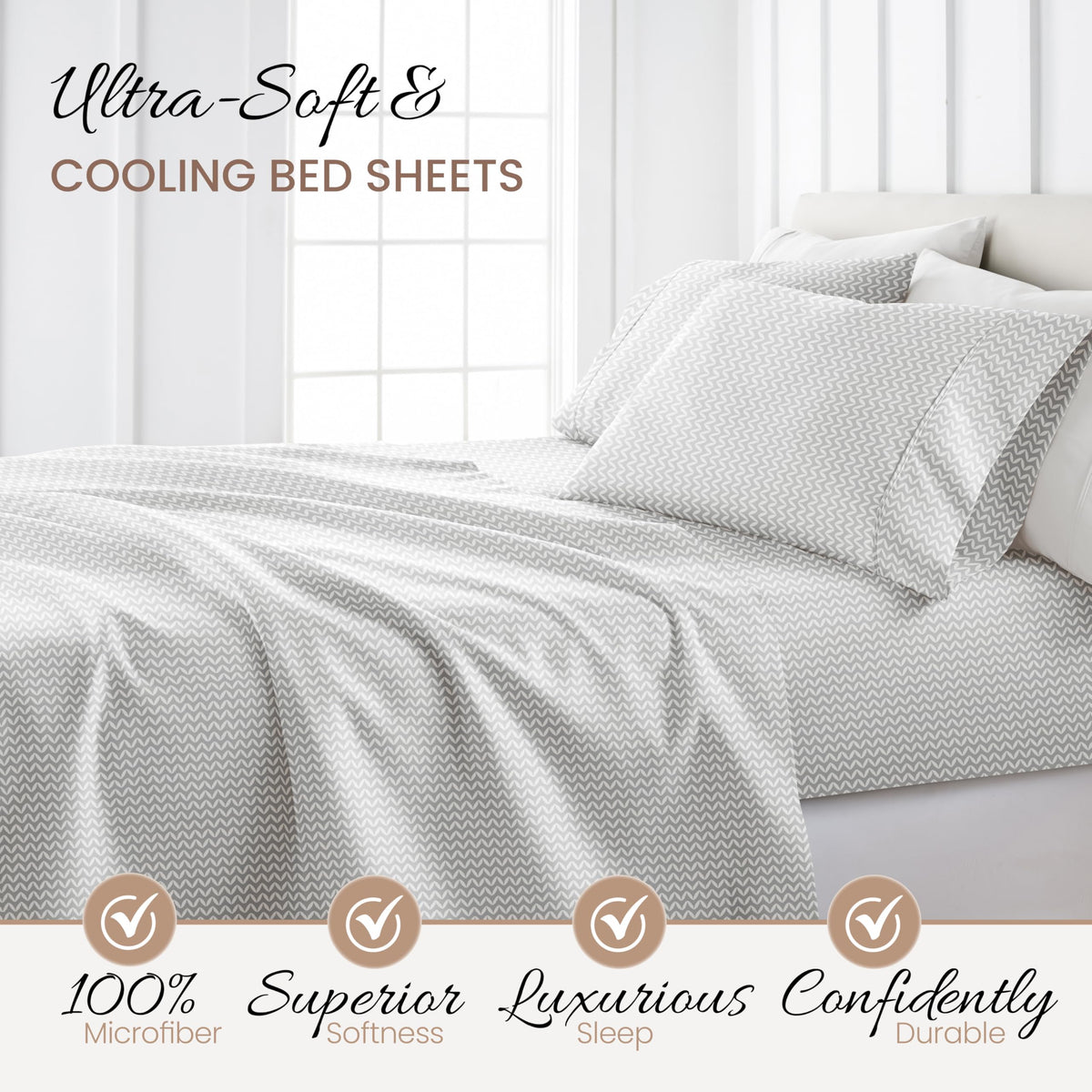 Linen Market Double-Brushed Patterned Microfiber Full Sheet Set 4 Piece – Oeko-TEX Certified Ultra Soft & Wrinkle-Free - 16" Deep Pocket Sheets - Easy Care Full Size - Puffed Chevron Light Gray