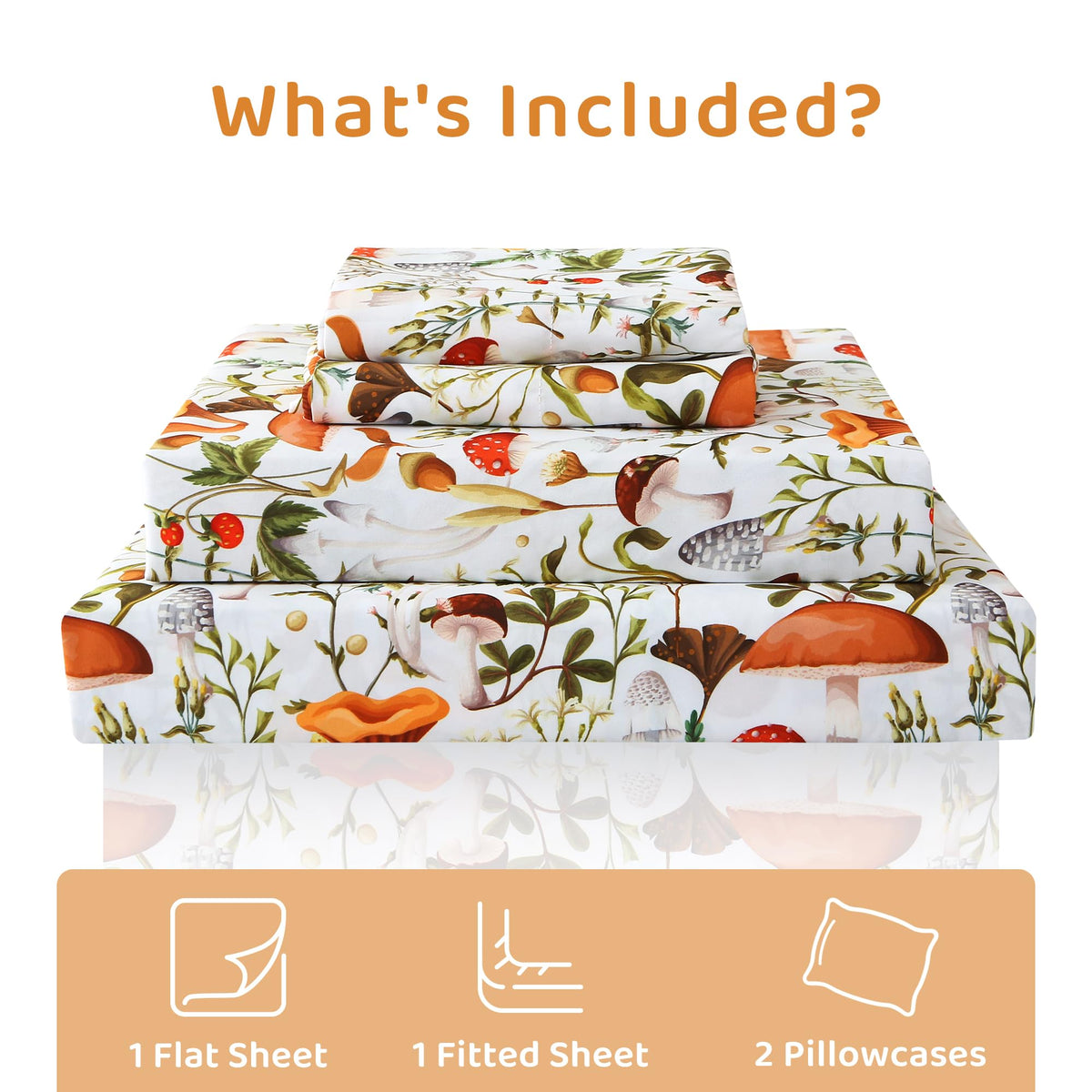 Mooreeke Cozy Vintage Microfiber Printed Queen Sheet Set - Soft & Breathable Percale Mushroom Forest Bed Sheets with Extra Deep Pocket - Non-Slip Fitted Design - Jungle Mushroom Leaves Pattern - Queen