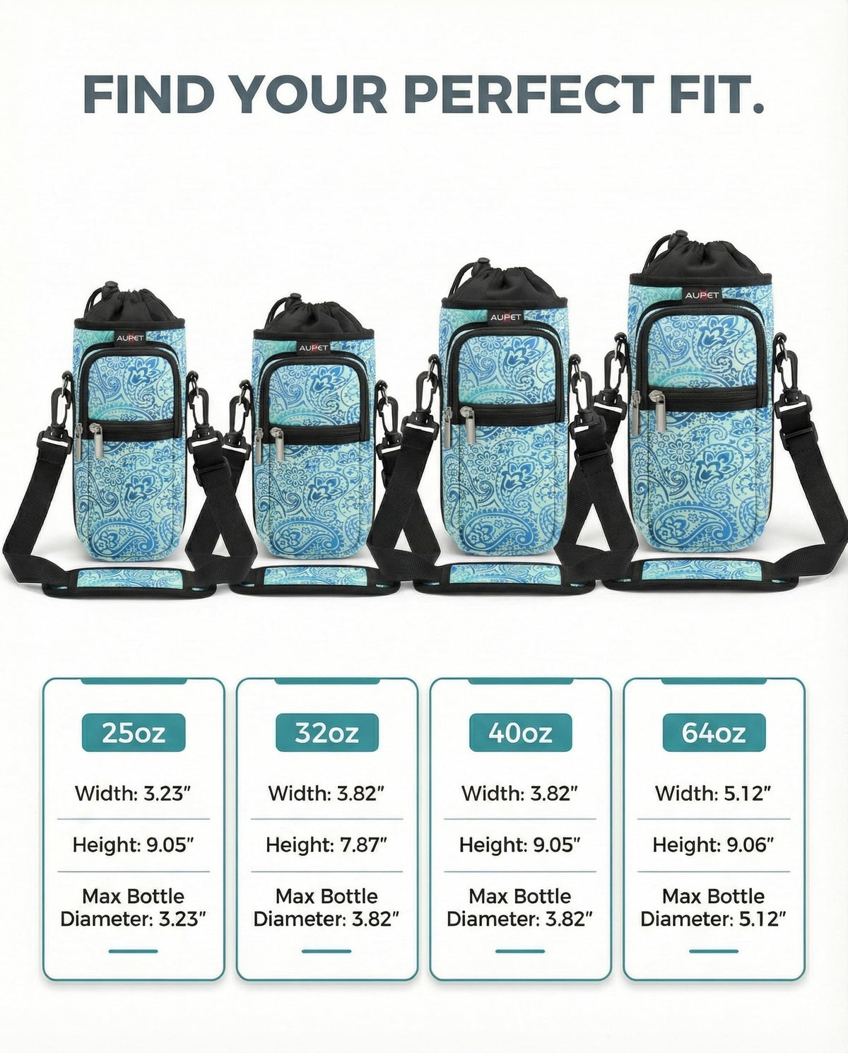 AUPET Water Bottle Sling Bag Sleeve Holder Carrier 25/32/40/64 oz,Insulated Crossbody Water Bottle Case Cover with Strap and Pockets for Men/Women Walking Hiking Camping (25oz, blue feather)