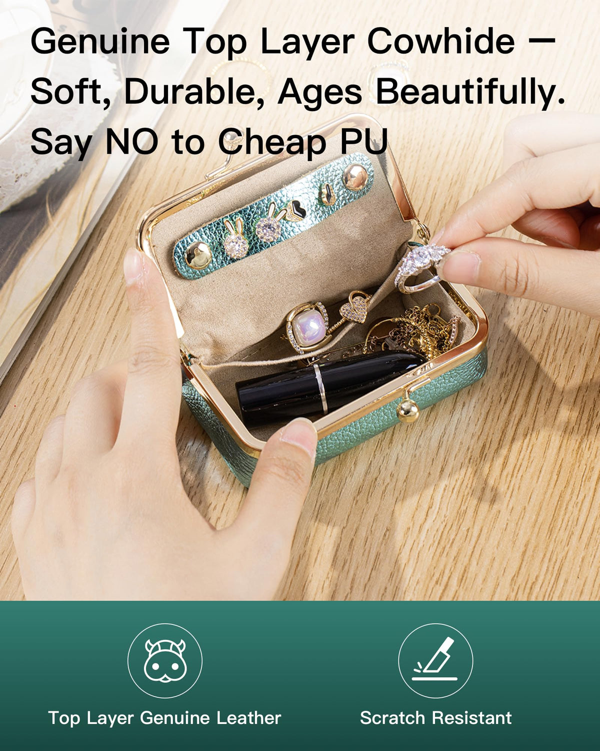 Nsciyise Genuine Leather Travel Jewelry Box, Mini Jewelry Organizer Case with Mirror for Women, Small Lipstick Bag for Purse, Cute Portable Gift for Her women giril (Green, Lridescent)