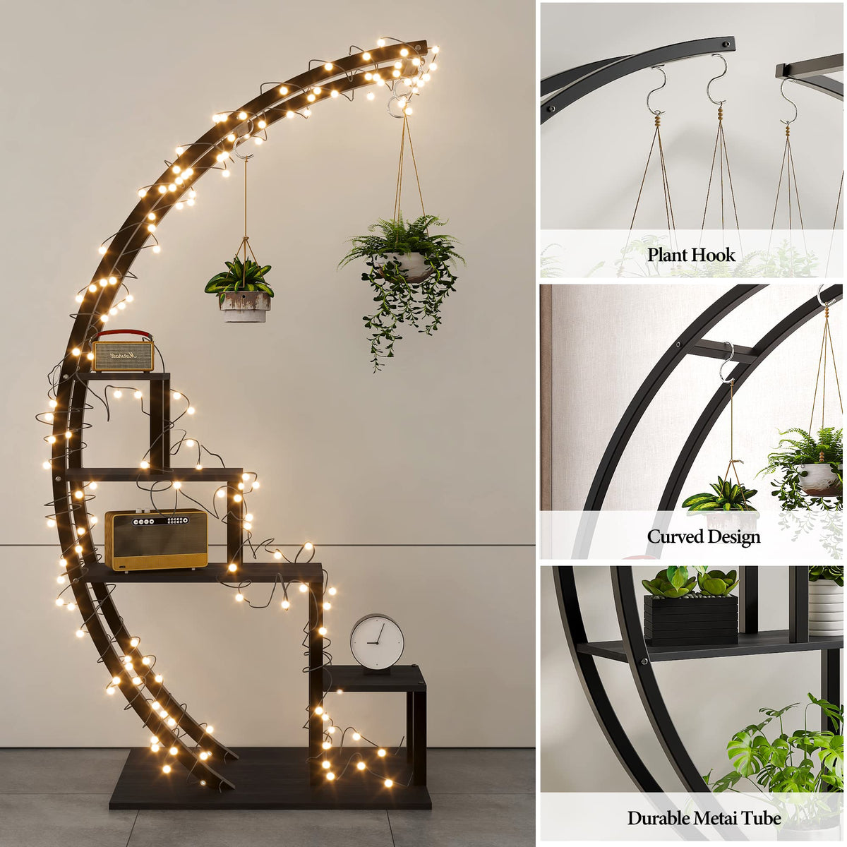 GarveeLife Plant Stand Indoor 5 Tier Tall, Metal Half Moon Plant Shelf 2 Pack, Stylish Tiered Flower Rack for Multiple Plants Display, Tall and Space-Saving Design