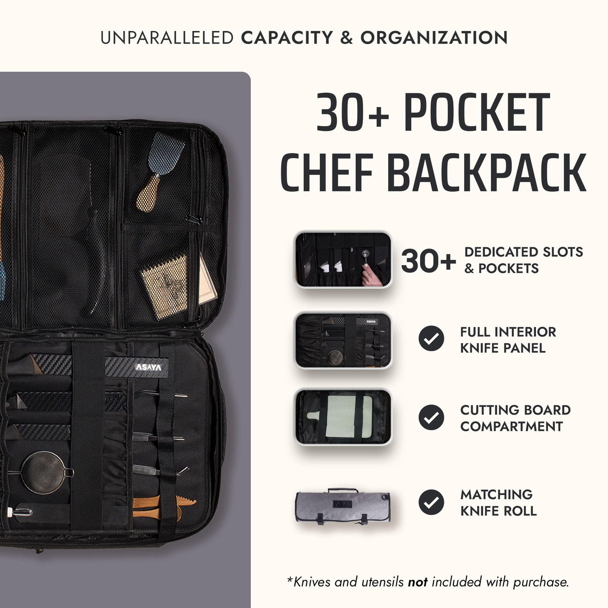 Asaya Chef Knife Backpack with 20-Pocket Knife Roll Bag - Over 30 Storage Pockets Chef Bag, Professional Backpack for Chefs and Culinary Students – Knives Not Included (Grey)