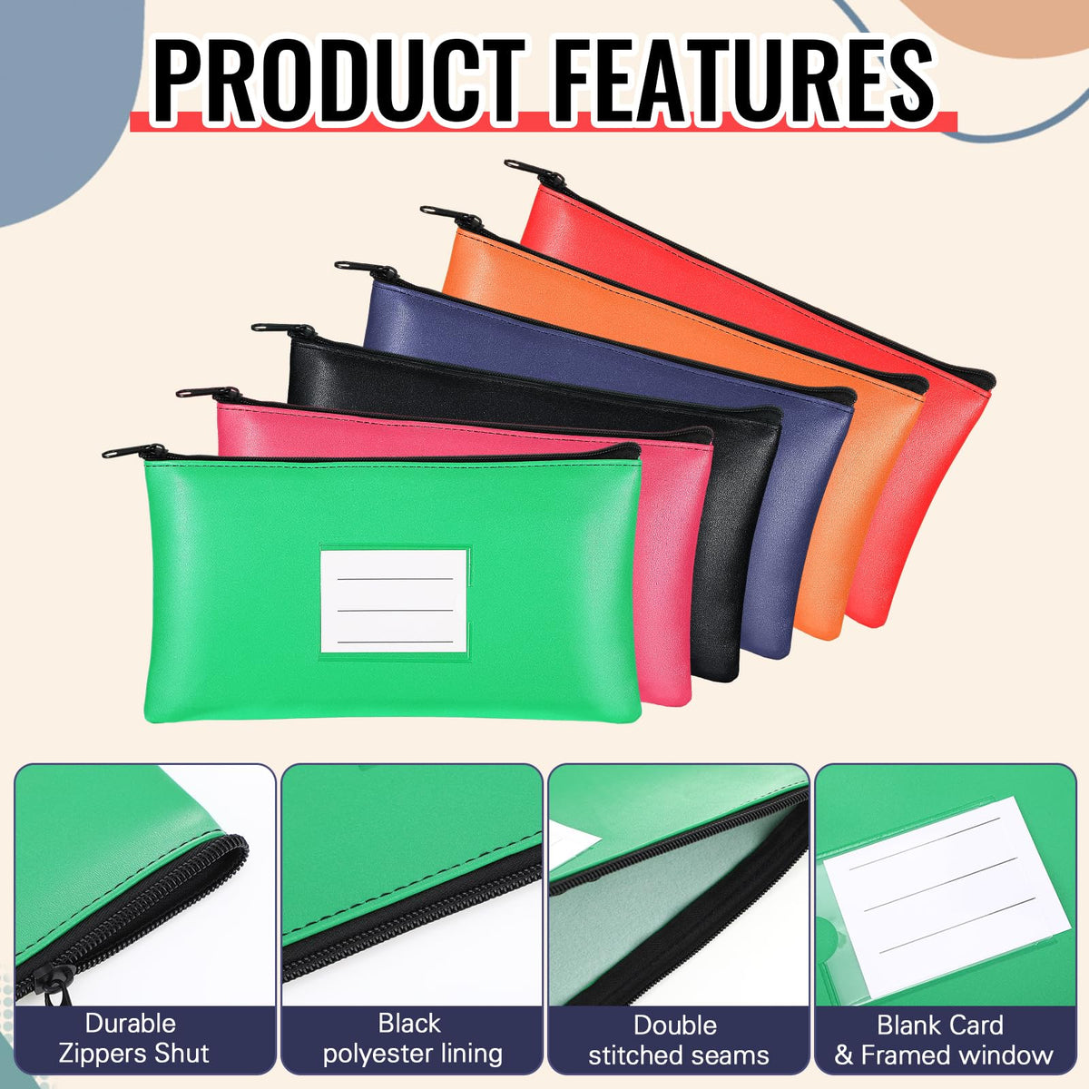 Paterr 6 Pcs Money Bags with Zipper PU Leather Deposit Bank Bag Security Money Pouch Receipt Holder Bank Pouch Wallet with Label for Cash Coin Makeup Cosmetics Bills Tickets, 11 x 6 Inch(Multi Colors)