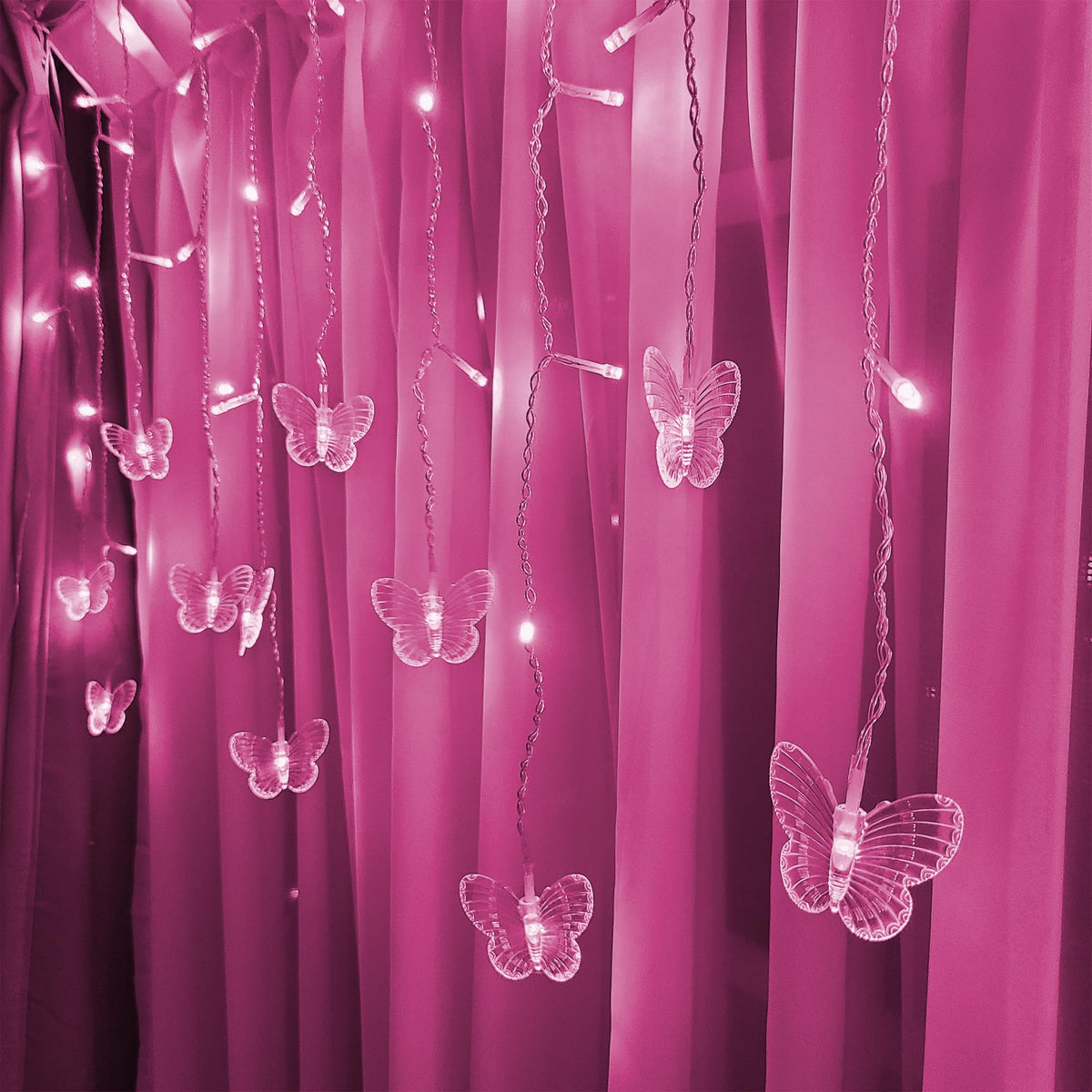 MinoMia Butterfly Curtain Fairy Lights, 96 LED, 11.5FT, USB Plug, 8 Modes, Remote Control, Pink