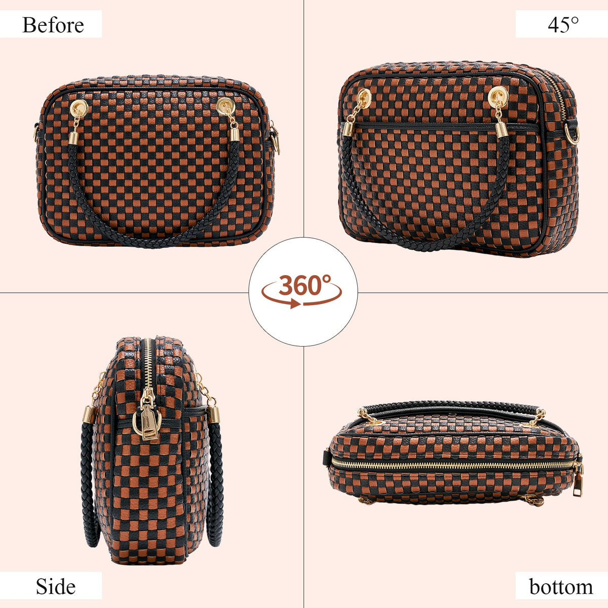 Woven Crossbody Bags for Women, Vegan Leather Two-Tone Satchel with Braided Top Handle, Structured Checkerboard Shoulder Purse with Adjustable Strap