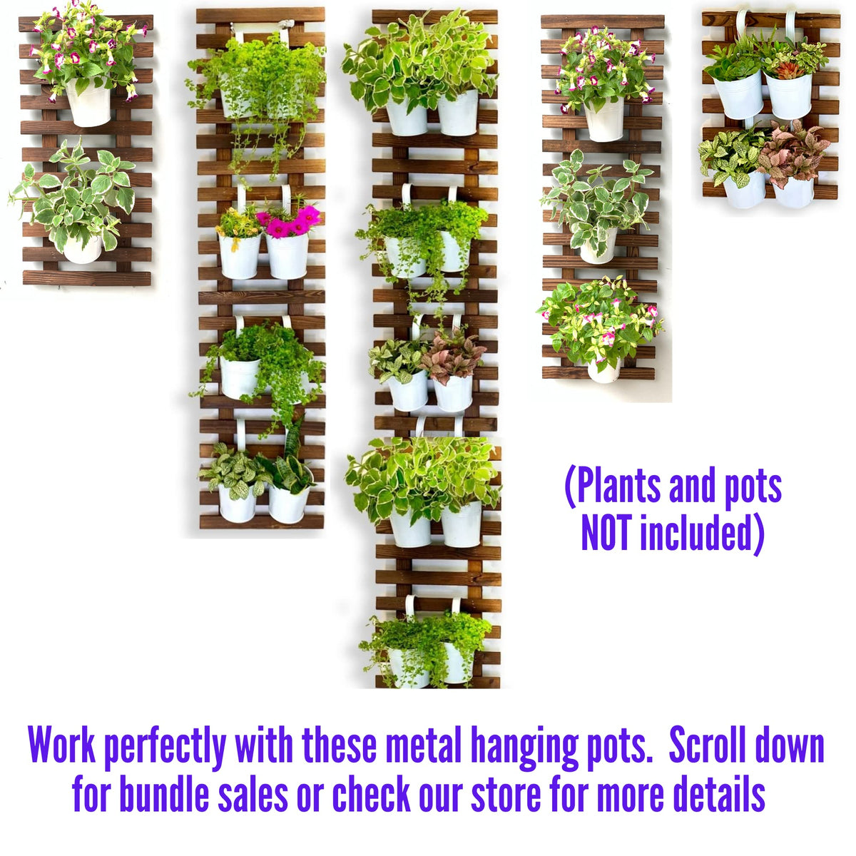 ShopLaLa Bundle- 5 Pack Set Wooden Plant Holder + 10 Pack, 5 Inch White Self Watering Plastic Pots Trendy Live Hanging Wall Mounted Indoor Vertical Hydroponic Garden System Large Rustic Shelves Frame