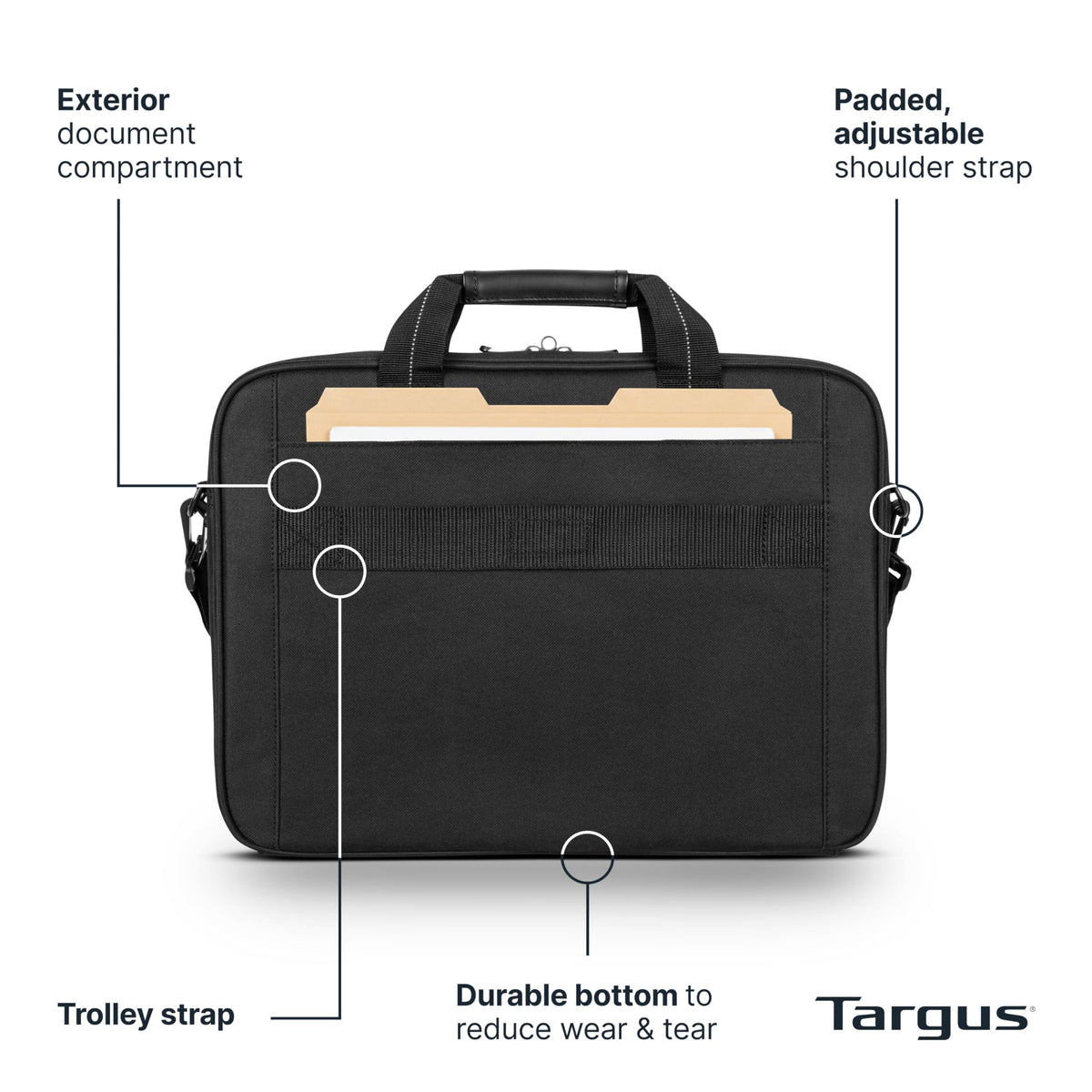 Targus 15-16 Inch Slim Lightweight Laptop Briefcase, Black - Messenger and Shoulder Bag with Padded Compartment and Trolley Strap for 16" Laptops (TCT027US)